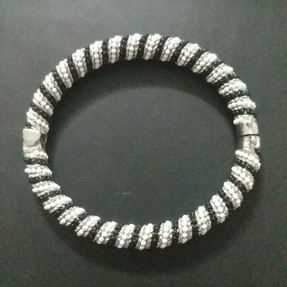 Silver Tone Black and White Hinged Cuff Statement Bracelet - Picture 3 of 3